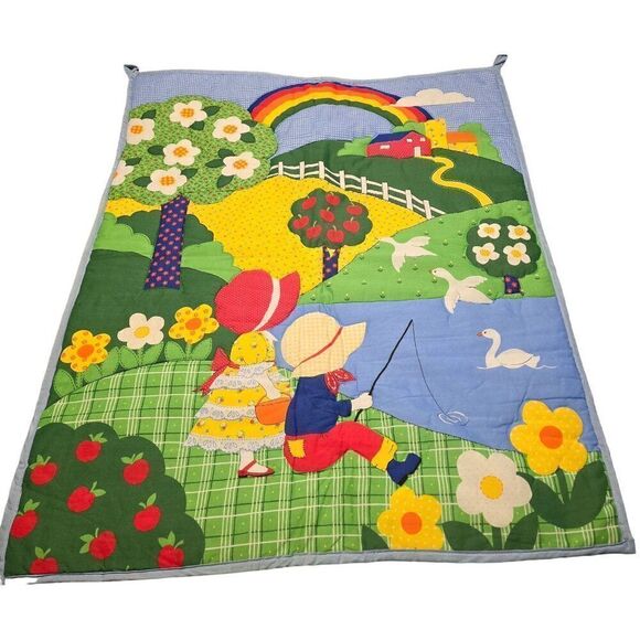 Vintage Colorful Childrens Quilt/Wall Hanging - Farm Scene With Fishing Kids & A - Picture 3 of 5